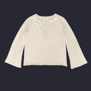 Ivory White V-neck Split Neck Wide Bell Sleeve Knit Sweater Top Size Small